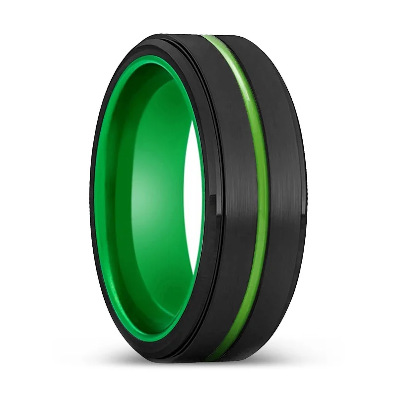 Women’s engagement rings with diamonds and gemstones-OLATHE | Green Ring, Black Tungsten Ring, Green Groove, Stepped Edge