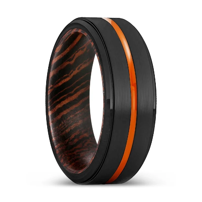 Women’s stackable engagement bands-SASKATOON | Wenge Wood, Black Tungsten Ring, Orange Groove, Stepped Edge