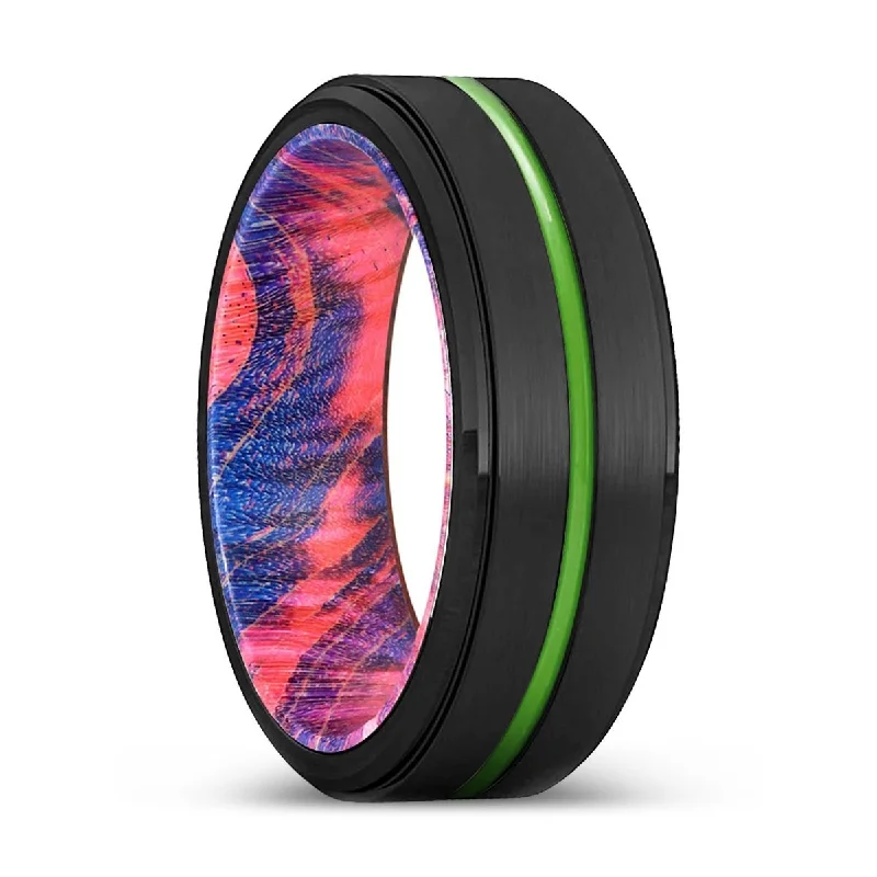 Women’s luxury diamond engagement ring-PASADENA | Blue & Red Wood, Black Tungsten Ring, Green Groove, Stepped Edge