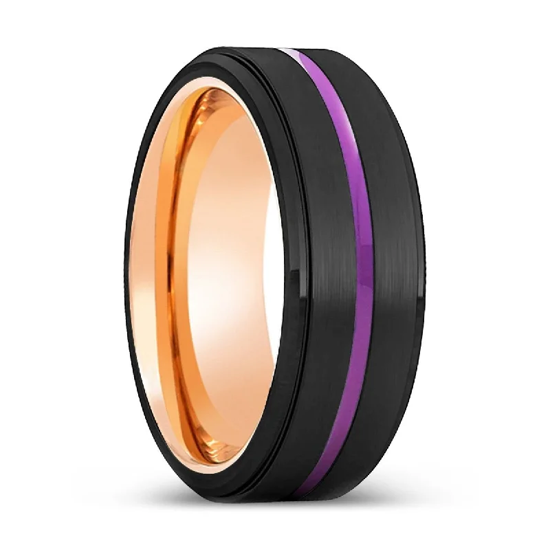 Women’s wedding band for her-CAIRNS | Rose Gold Ring, Black Tungsten Ring, Purple Groove, Stepped Edge