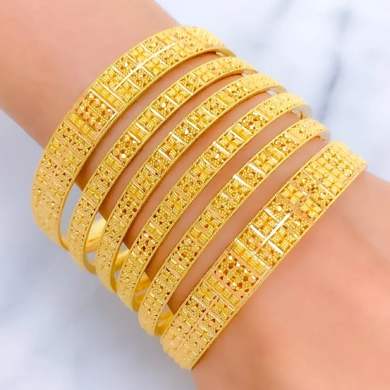 Women’s boho bangles-Royal Floral Checkered 22k Gold Bangle Set