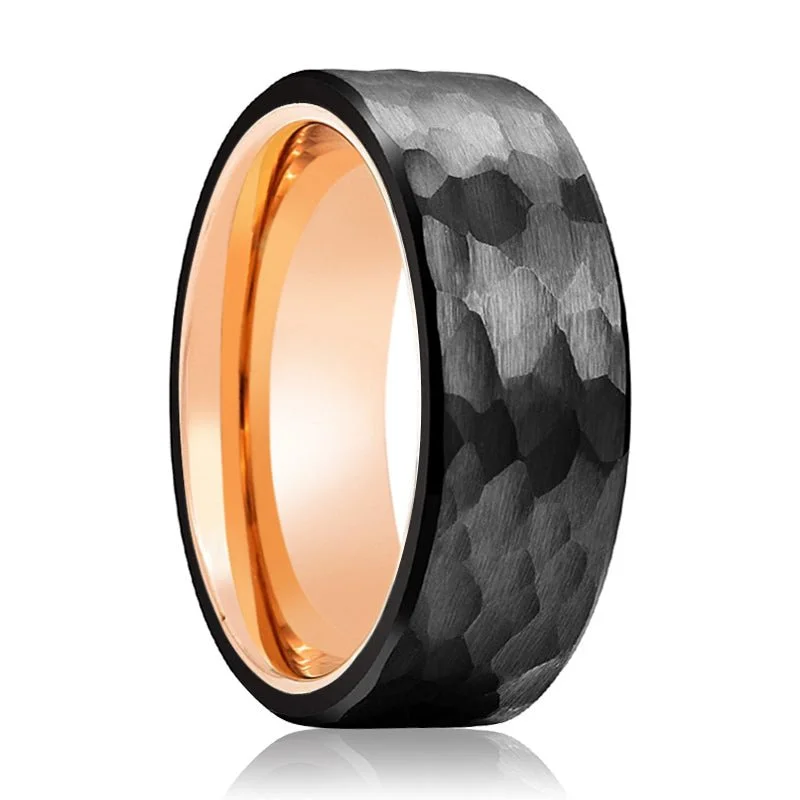 Women’s trendy platinum rings-CLAW - Rose Gold Ring, Black Tungsten Ring, Hammered, Flat