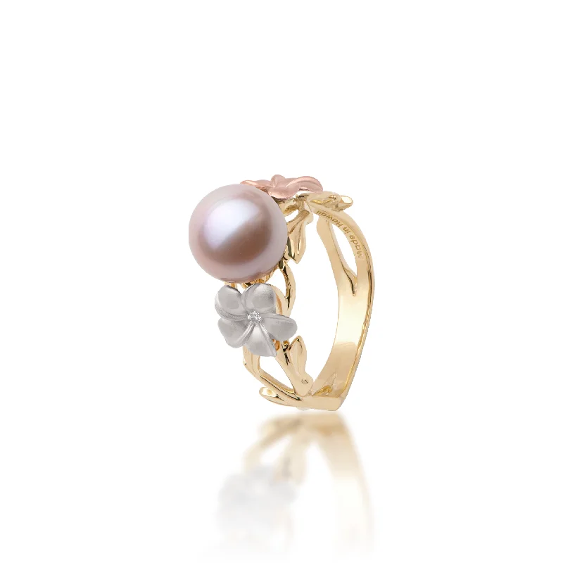 Women’s engraved engagement rings-Pearls in Bloom Plumeria Lavender Freshwater Pearl Ring in Tri Color Gold with Diamonds - 8mm