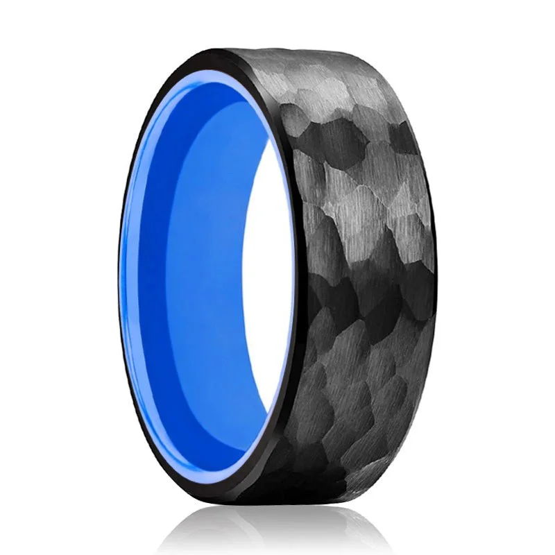 Women’s engagement rings for brides-BLUEDEVIL | Blue Ring, Black Tungsten Ring, Hammered, Flat