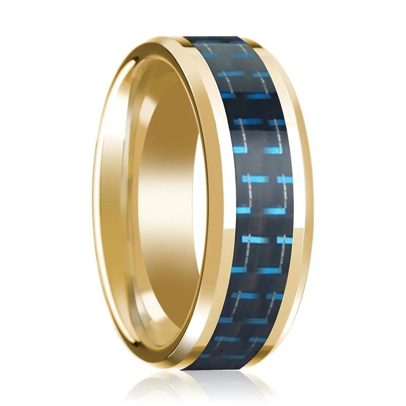 Women’s engagement ring with white diamonds-Black & Blue Carbon Fiber Inlaid 14k Yellow Gold Polished Wedding Band with Beveled Edges - 8MM