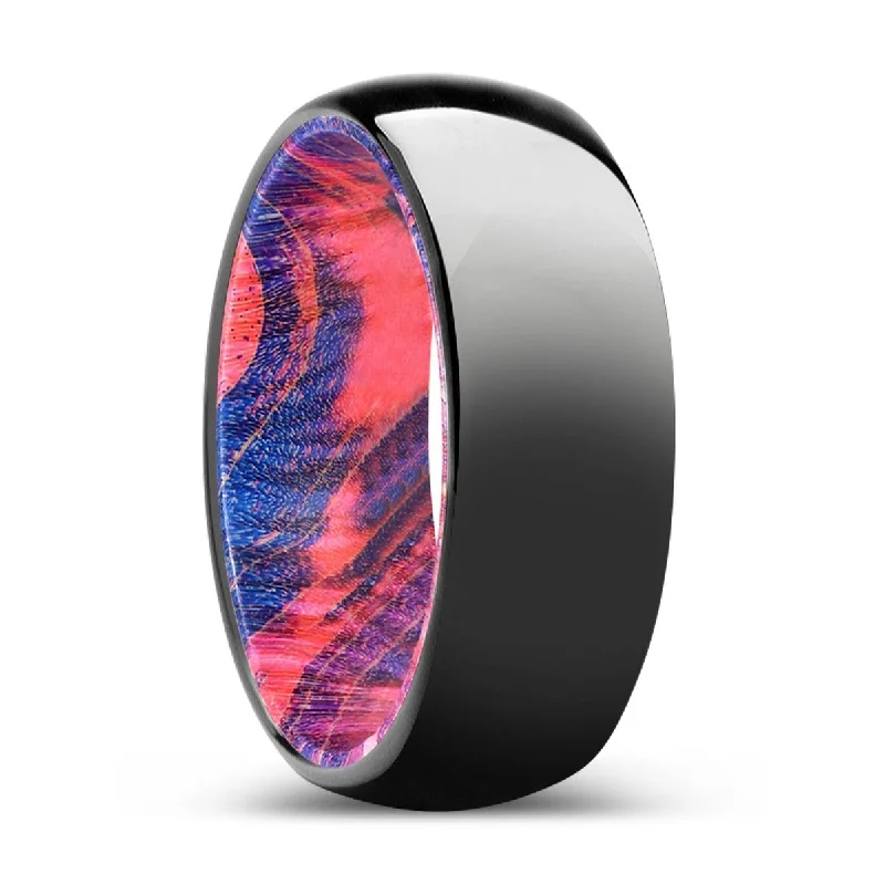 Women’s oval engagement ring-ENCLAVE | Blue & Red Wood, Black Tungsten Ring, Shiny, Domed