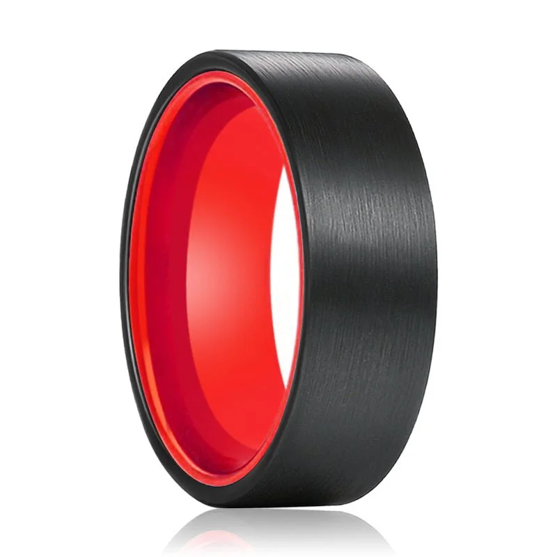 Women’s two-tone wedding ring-ORCHID | Red Ring, Black Tungsten Ring, Brushed, Flat