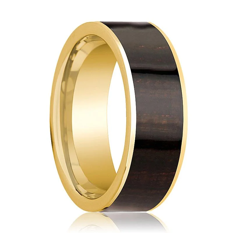 Women’s wedding ring with colored diamonds-Men's 14k Yellow Gold Wedding Band with Ebony Wood Inlay Polished Finish - 8MM