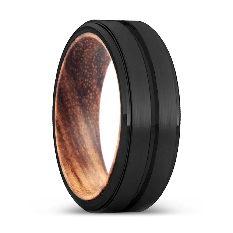 Women’s rose gold engagement ring-MILES | Zebra Wood, Black Tungsten Ring, Grooved, Stepped Edge