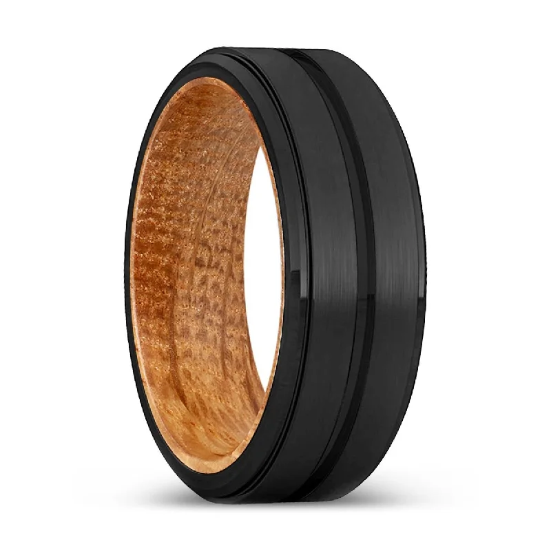 Women’s sapphire engagement ring-KINGSLEY | Whiskey Barrel Wood, Black Tungsten Ring, Grooved, Stepped Edge