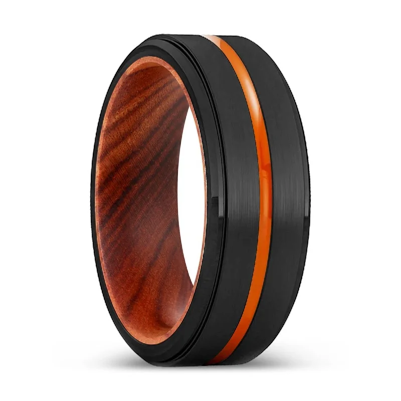 Women’s wedding ring with halo-BOISE | IRON Wood, Black Tungsten Ring, Orange Groove, Stepped Edge