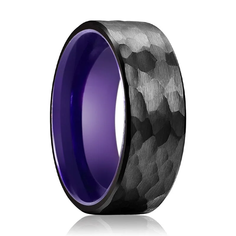 Women’s classic engagement ring-ALLIUM | Purple Ring, Black Tungsten Ring, Hammered, Flat