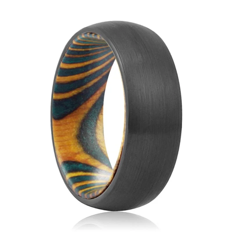 Women’s wedding ring set-DECKER | Green & Yellow Wood, Black Tungsten Ring, Brushed, Domed