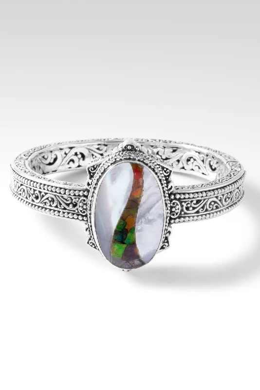 Women’s sterling silver bangle-With a Purpose Bangle™ in White Mother of Pearl with Ammolite Inlay