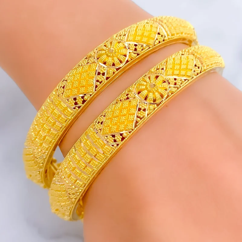 Women’s luxurious bracelet-Festive Blooming 22k Gold Bangle Pair