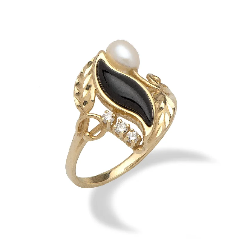 Women’s engagement rings-Paradise Black Coral & Pearl Ring in Gold with Diamonds