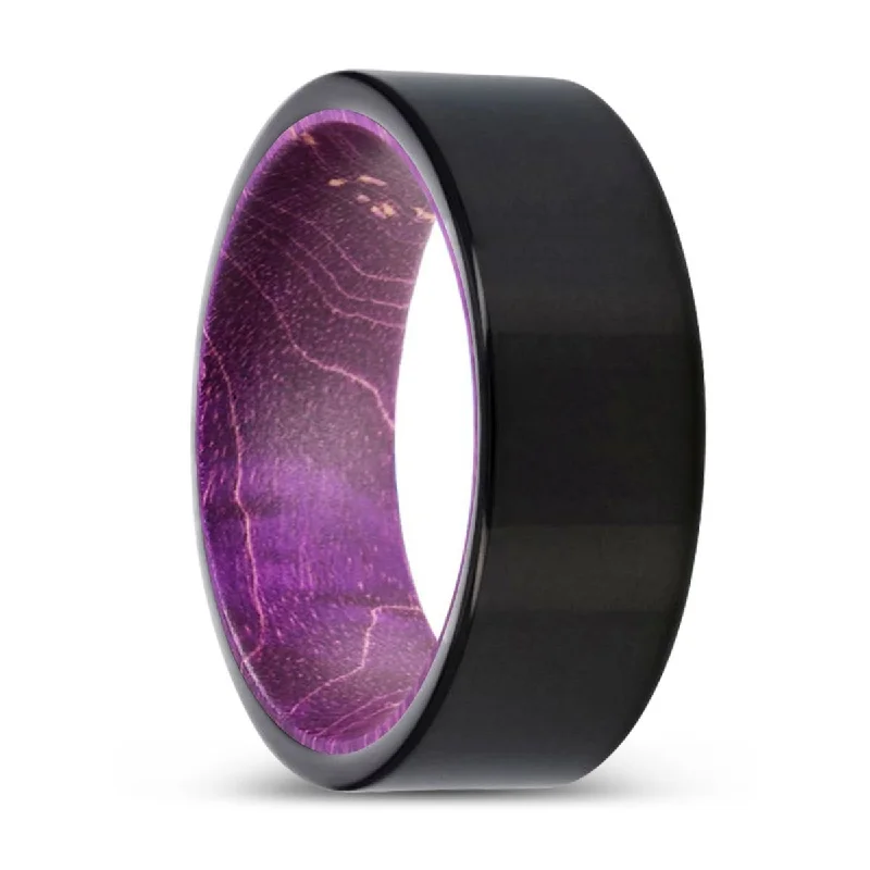 Women’s white gold ring-MULBERRY | Purple Wood, Black Tungsten Ring, Shiny, Flat