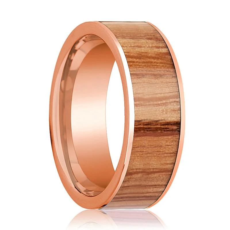 Women’s ring with emerald cut diamond-Men's 14K Rose Gold Wedding Band with Red Oak Wood Inlay Polished - 8MM