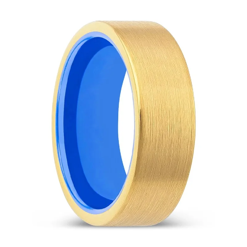 Women’s stackable rings-WEALDSTONE| Blue Ring, Gold Tungsten Ring, Brushed, Flat