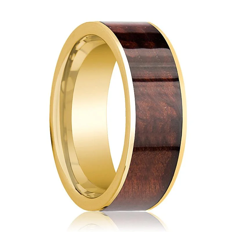 Women’s classic engagement ring-Men's Flat 14k Yellow Gold Wedding Band with Red Wood Inlay Polished Finish - 8MM