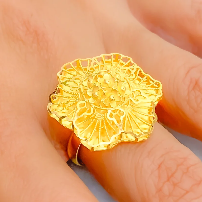 Women’s trendy platinum rings-Artistic Flower 21k Gold Ring