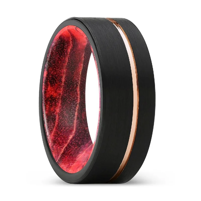 Women’s simple diamond engagement ring-EMERSON | Black & Red Wood, Black Tungsten Ring, Rose Gold Offset Groove, Brushed, Flat