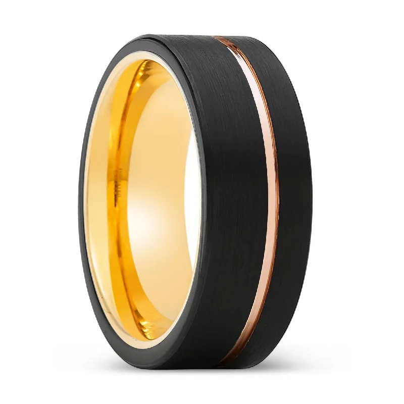 Women’s vintage gold ring-GLORIOUS | Gold Ring, Black Tungsten Ring, Rose Gold Offset Groove, Brushed, Flat