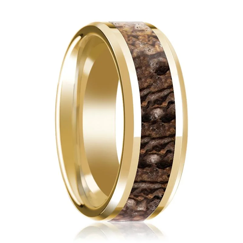 Women’s stackable engagement bands-ACHEULIAN | 14k Yellow Gold Brown Dinosaur Bone Inlay