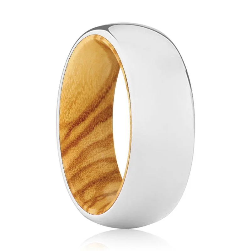 Women’s diamond ring with engraved band-MIGHTY | Olive Wood, Silver Tungsten Ring, Shiny, Domed