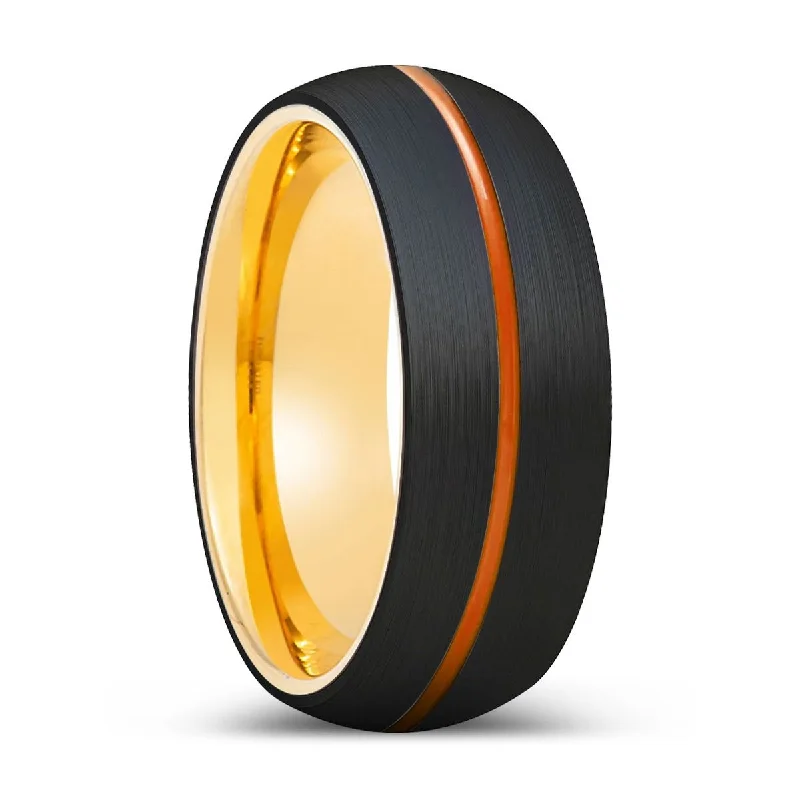 Women’s modern engagement ring-MAVERICKUS | Gold Ring, Black Tungsten Ring, Orange Groove, Domed