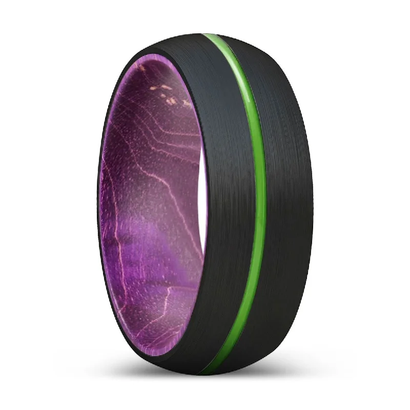 Women’s platinum ring-WEREWOLF | Purple Wood, Black Tungsten Ring, Green Groove, Domed