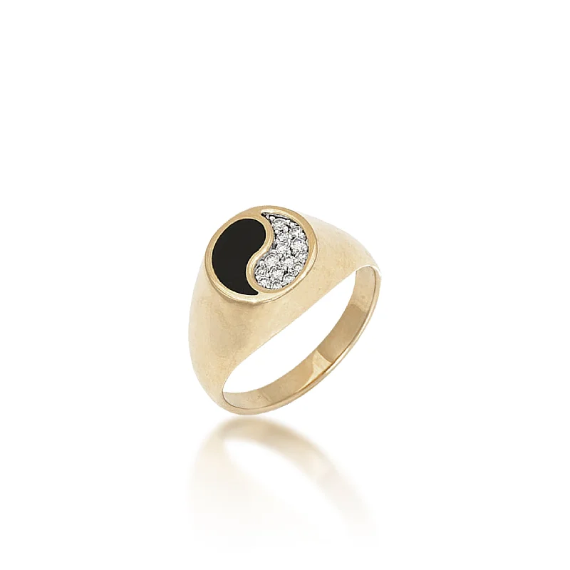 Women’s oval engagement rings-Yin Yang Black Coral Ring in Gold with Diamonds - 10mm