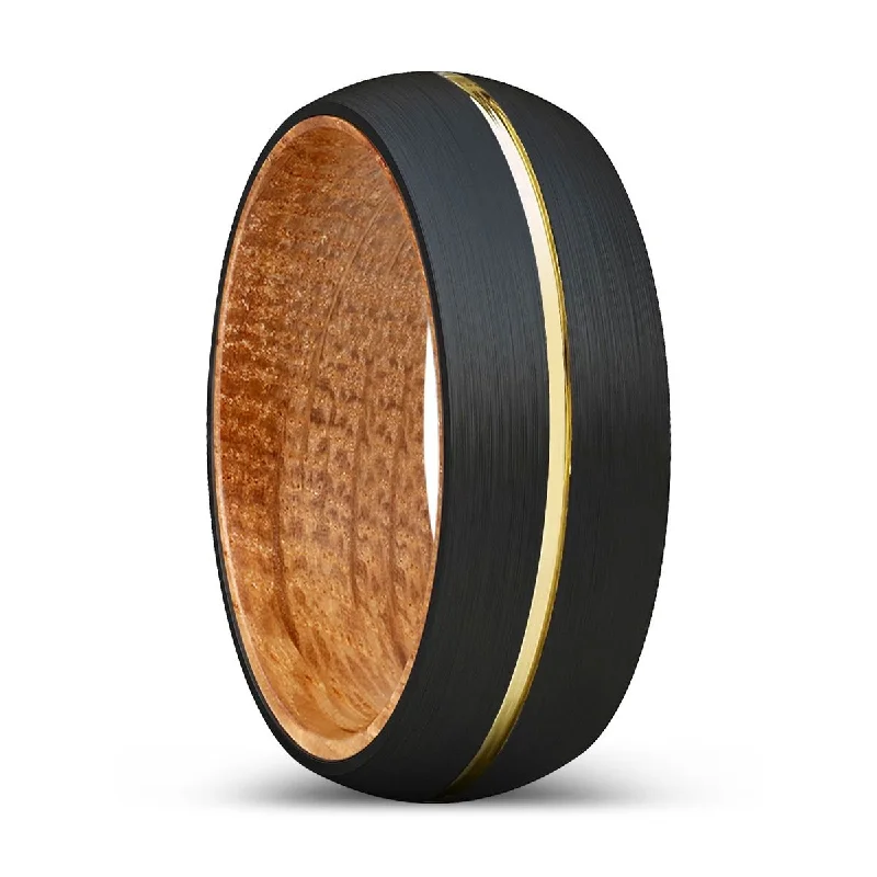 Women’s sapphire ring-INFAMOUS | Whiskey Barrel Wood, Black Tungsten Ring, Gold Groove, Domed