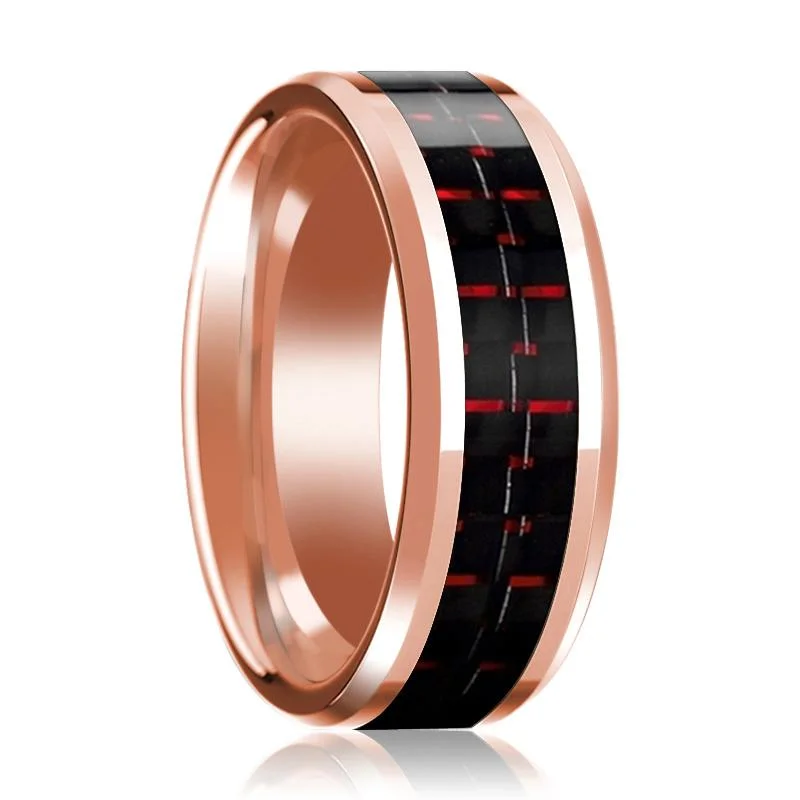 Women’s engagement rings with intricate details-Black & Red Carbon Fiber Inlaid Men's 14k Rose Gold Polished Wedding Band with Beveled Edges - 8MM