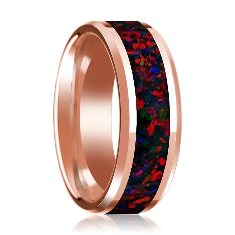 Women’s classic wedding ring-Black & Red Opal Inlaid 14k Rose Gold Polished Wedding Band for Men with Beveled Edges - 8MM