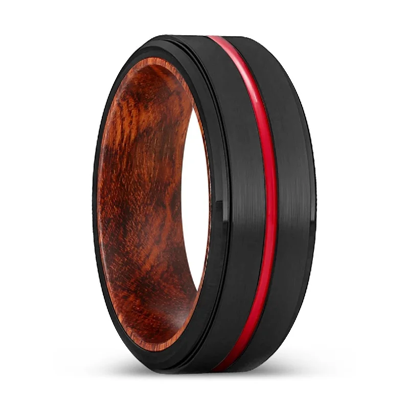 Women’s custom engagement ring-PEANUT | Snake Wood, Black Tungsten Ring, Red Groove, Stepped Edge