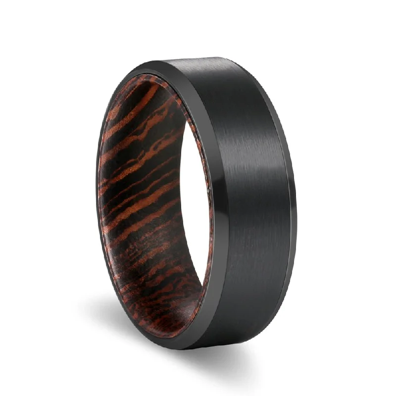 Women’s engagement rings for brides-BRAVELY | Wenge Wood, Black Tungsten Ring, Brushed, Beveled