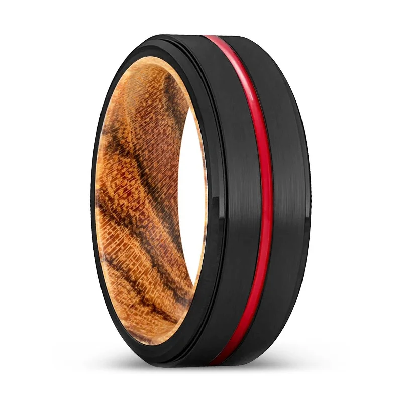 Women’s minimal engagement ring-MAGICIAN | Bocote Wood, Black Tungsten Ring, Red Groove, Stepped Edge