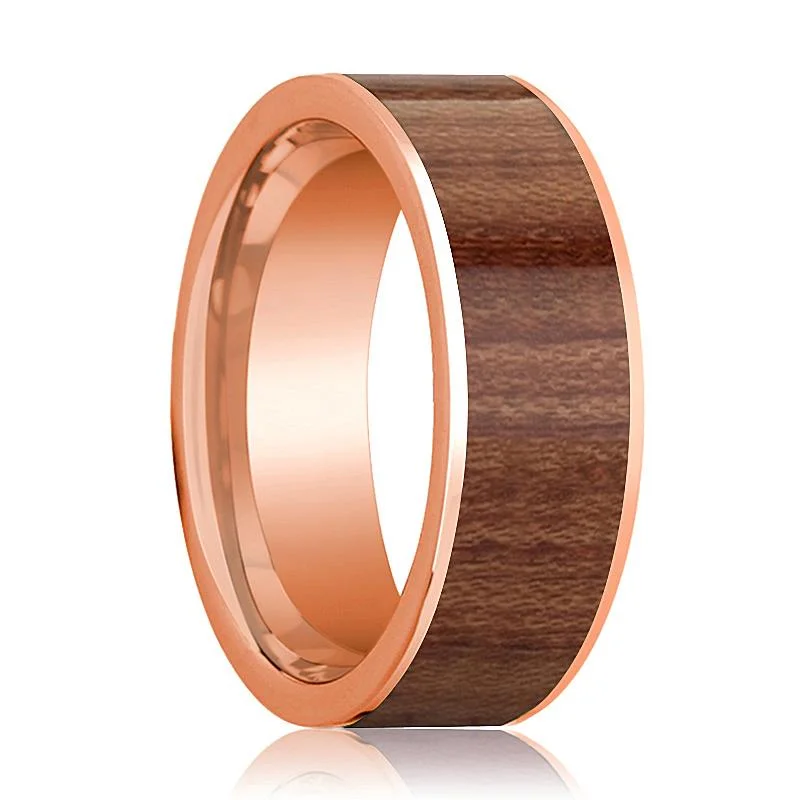 Women’s gold wedding band-Men's Flat 14k Rose Gold Wedding Band with Rose Wood Inlay Polished Finish - 8MM