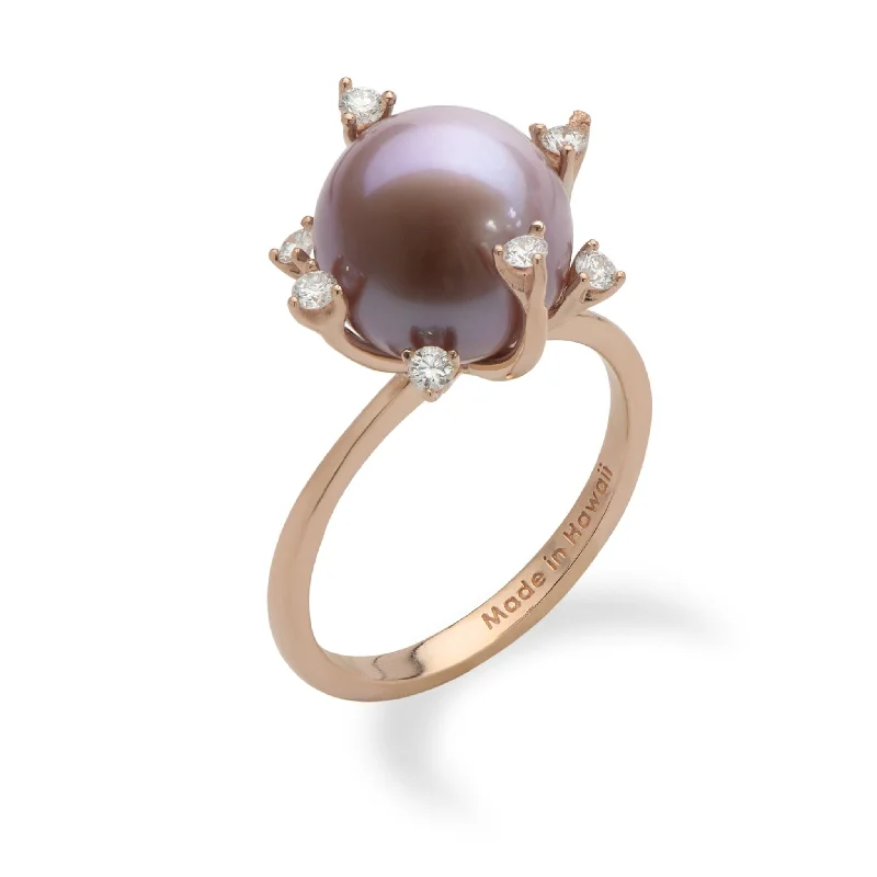 Women’s engagement rings-Protea Lilac Freshwater Pearl Ring in Rose Gold with Diamonds - 10-11mm