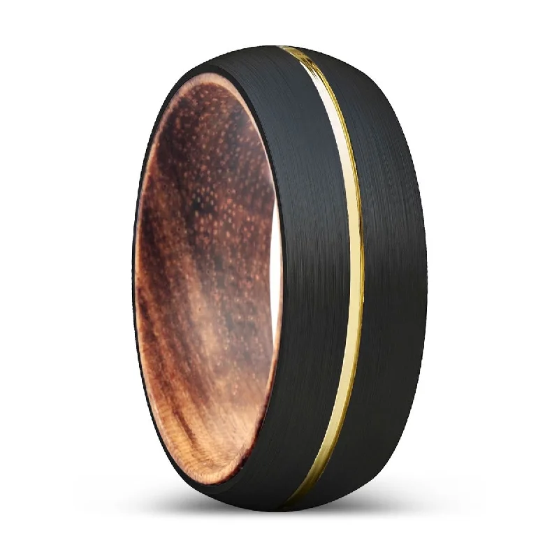 Women’s custom diamond ring-VERNON | Zebra Wood, Black Tungsten Ring, Gold Groove, Domed