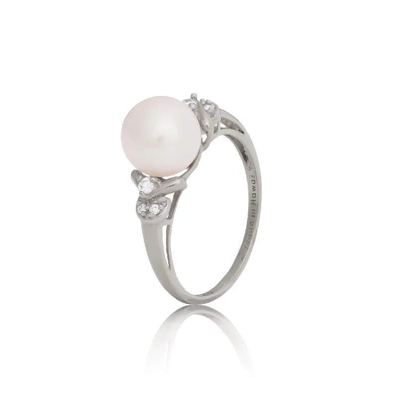 Women’s engagement rings with colored diamonds-Freshwater White Pearl Ring in White Gold with Diamonds - 8-9mm