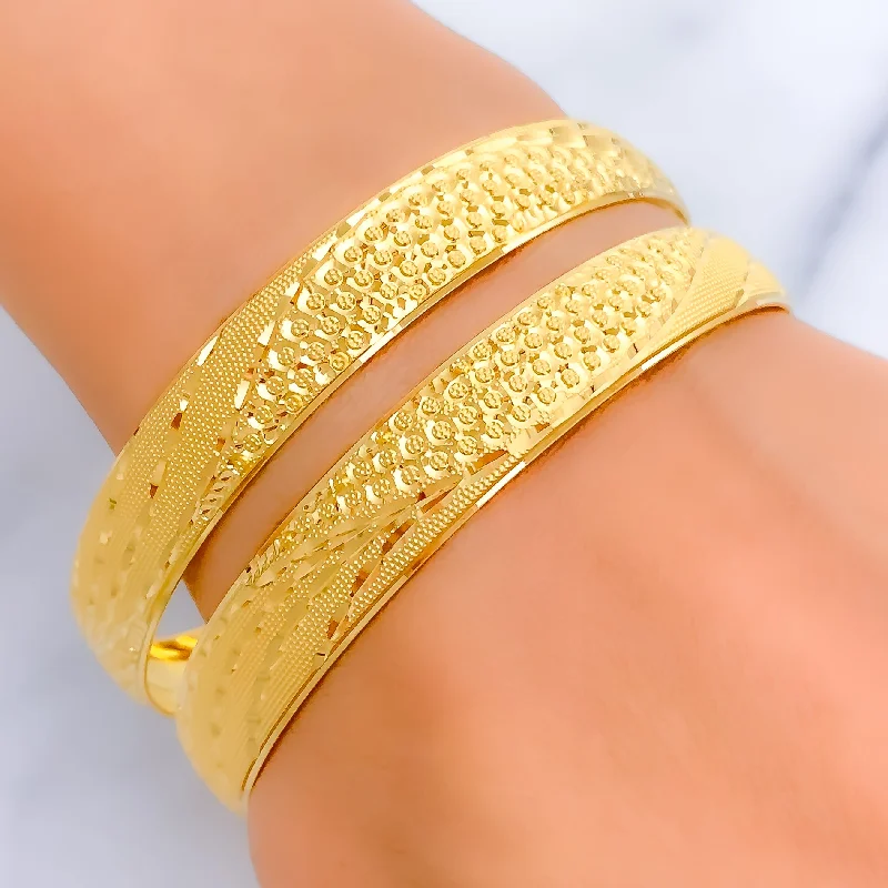 Women’s pearl bracelet-Luminous Textured Wave 22k Gold Bangle Pair