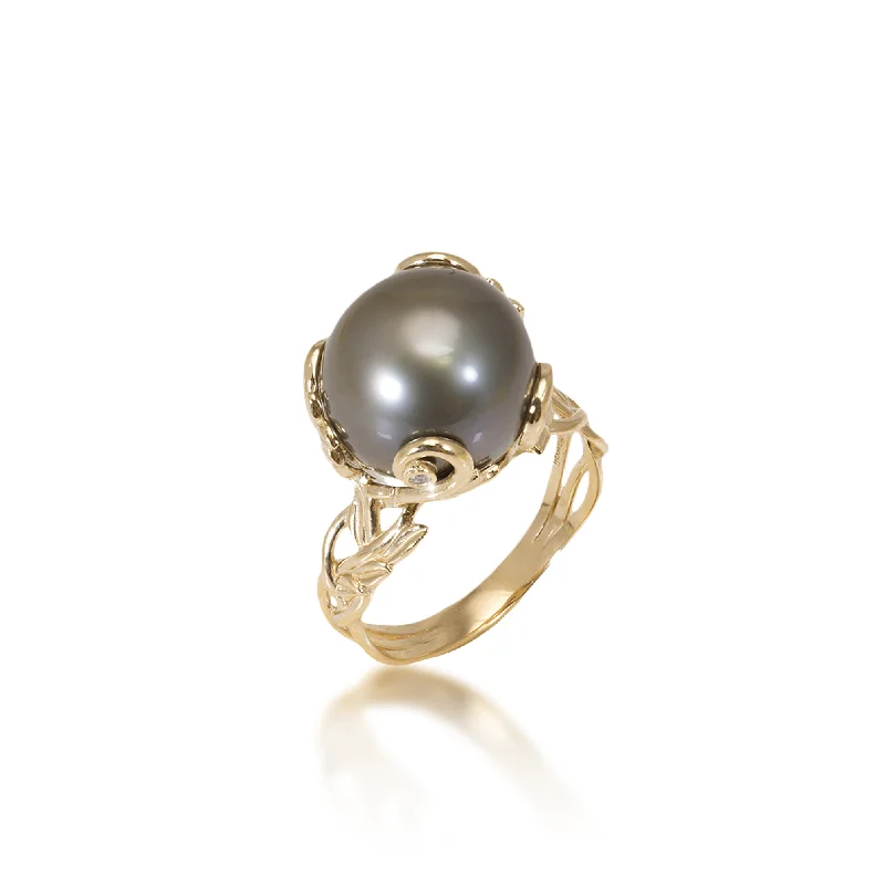 Women’s engagement rings for all occasions-Living Heirloom Tahitian Black Pearl Ring in Gold with Diamonds - 12-13mm