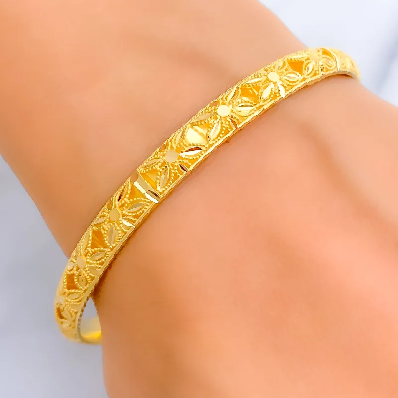 Women’s vintage bracelet-Refined Brilliant Floral 21k Gold Bangle