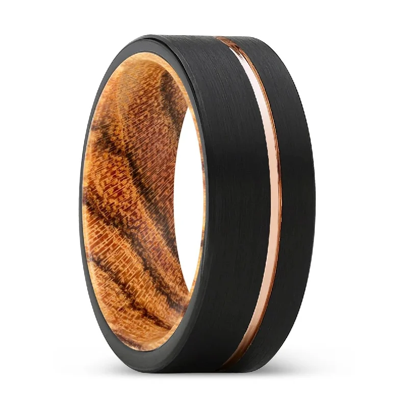 Women’s wedding ring with halo-JESTER | Bocote Wood, Black Tungsten Ring, Rose Gold Offset Groove, Brushed, Flat