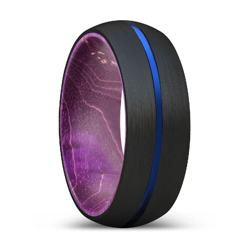 Women’s stackable engagement bands-ALBIS | Purple Wood, Black Tungsten Ring, Blue Groove, Domed