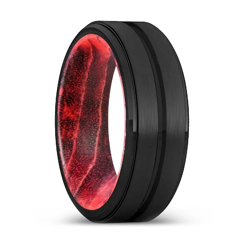 Women’s engagement ring with ruby-STUART | Black & Red Wood, Black Tungsten Ring, Grooved, Stepped Edge