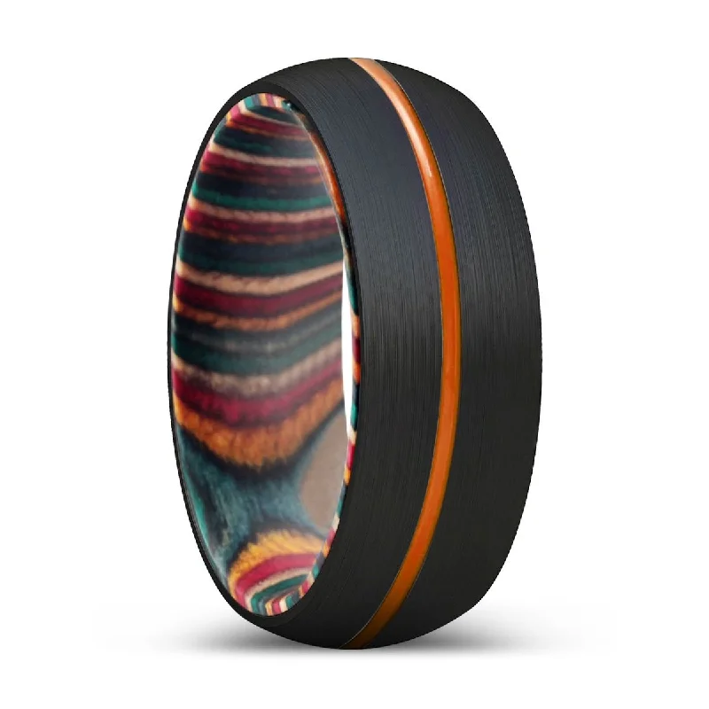 Women’s wedding band for women-MAJESTIC | Multi Color Wood, Black Tungsten Ring, Orange Groove, Domed