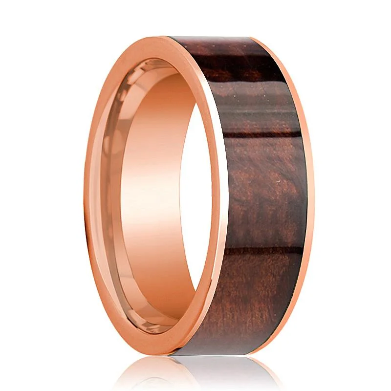 Women’s trendy gemstone ring-Red Wood Inlaid Men's 14k Rose Gold Wedding Band with Flat Edges - 8MM